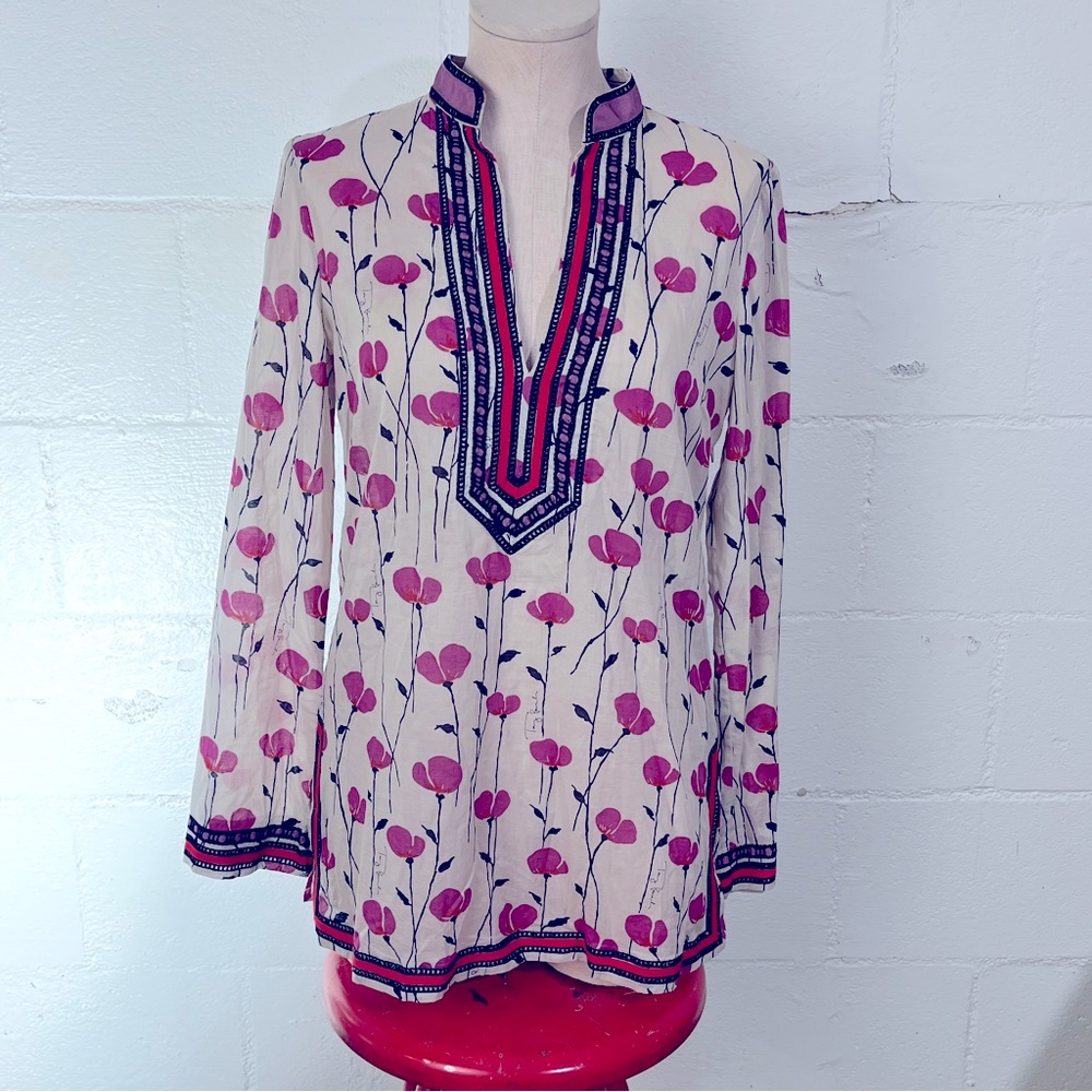 Tory Burch Tunic Poppies blouse Sz 4 Cream mock collar sheer v neck